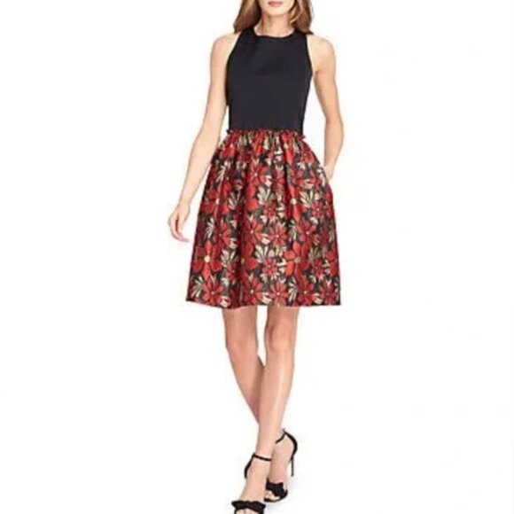 Tahari Metallic Floral Fit-And-Flare Dress Arthur S Levine Faille Black/Red sz16 - Picture 1 of 5